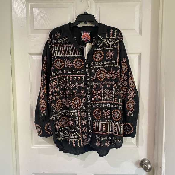 Johnny Was Faye Relaxed Linen Button Down Embroidered Shirt Lagenlook Size L - Picture 2 of 15